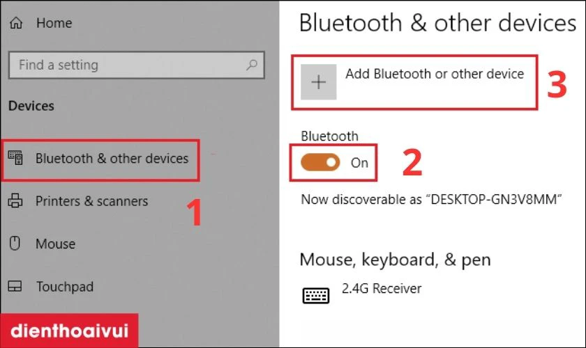 Bật Bluetooth lên và chọn vào Add Bluetooth or other device