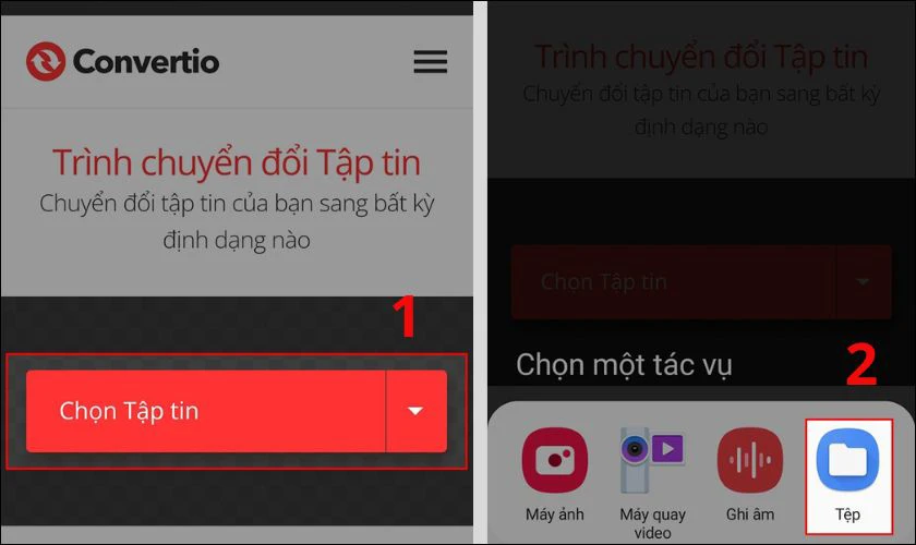 Truy cập website Convertio.co bằng trình duyệt, sau đó nhấn Chọn Tập tin