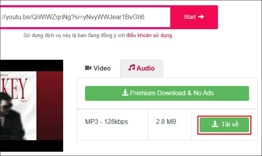 Chọn tab audio và lựa chọn chất lượng âm thanh mong muốn sau đó nhấn nút Tải về