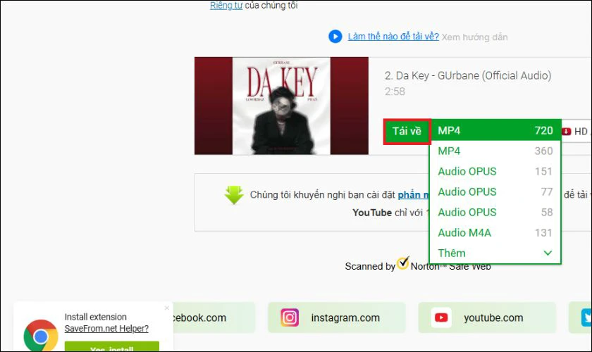 Chọn định dạng Audio từ danh sách và nhấn nút Tải về