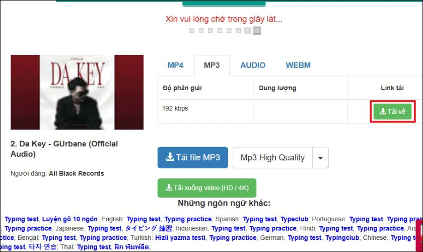 Chọn MP3, điều chỉnh chất lượng rồi nhấn nút Tải về