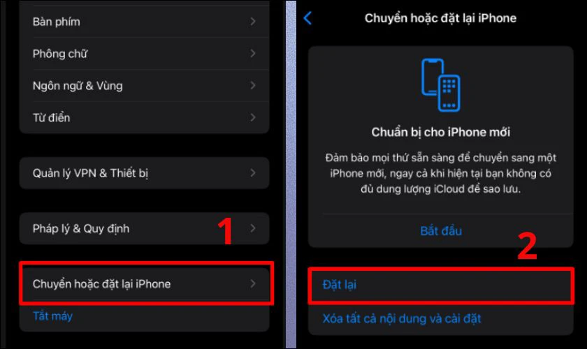 Kéo xuống và chọn Chuyển hoặc đặt lại iPhone và chọn Đặt lại