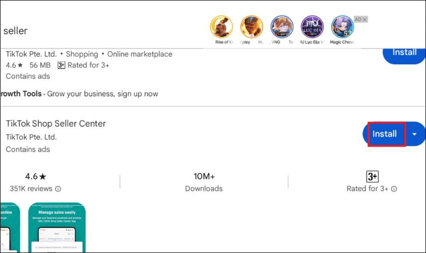 Tìm kiếm ứng dụng "TikTok Shop Seller Center"