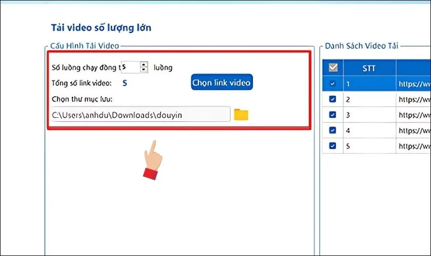 Nhấn vào Chọn video để tải lên file chứa danh sách link video Douyin cần tải