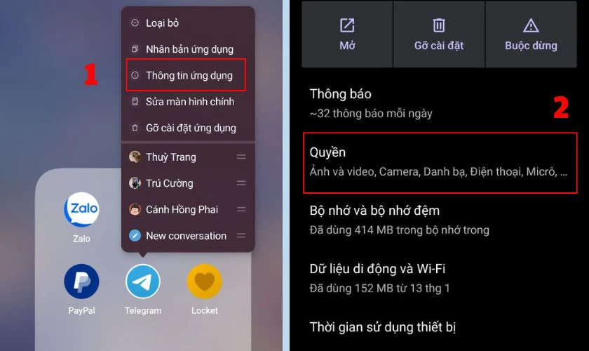 Chọn mục Quyền trong Thông tin ứng dụng