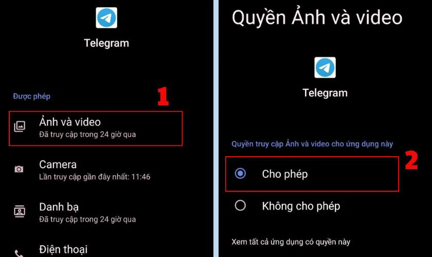 Nhấn vào Ảnh và Video rồi tiếp tục chọn Cho phép truy cập Video tải Telegram