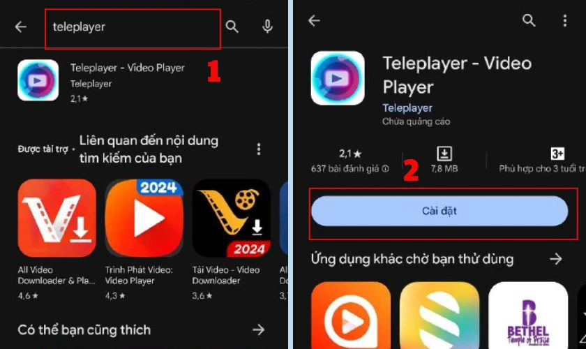 Tìm kiếm và cài đặt ứng dụng TelePlayer để tải video Telegram