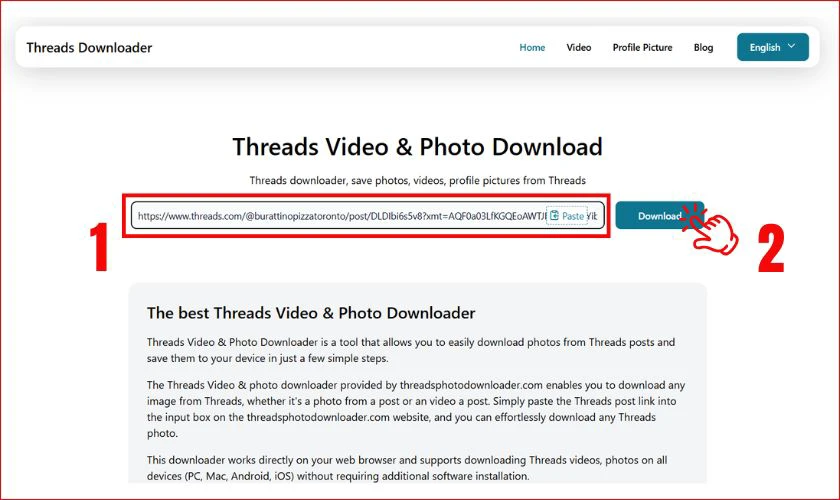 Tải video Threads bằng threadsphotodownloader.com