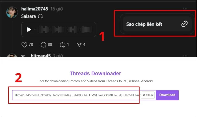Dán liên kết Threads muốn tải Voice