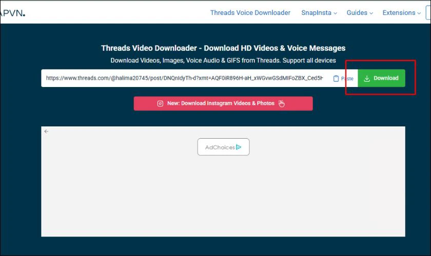Nhấn Tải xuống (Download), đợi hệ thống xử lý và hiển thị các tùy chọn tải