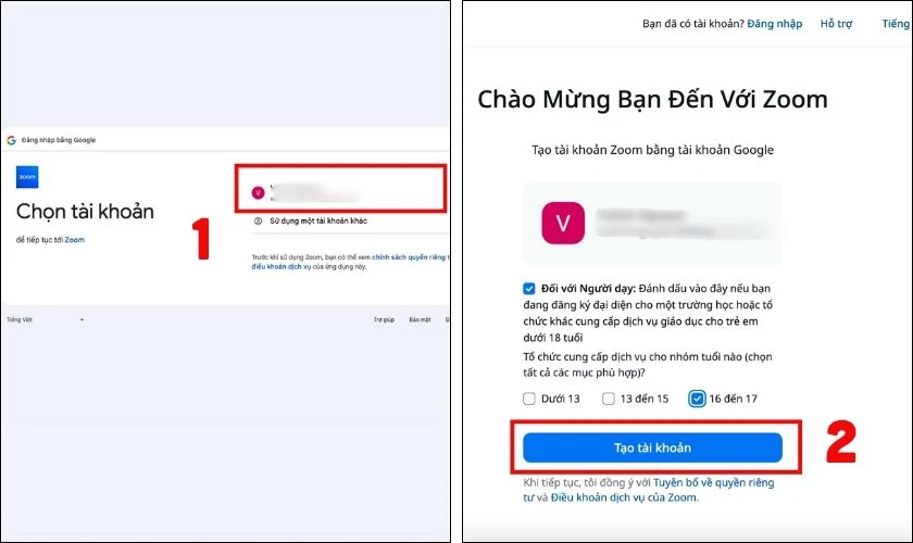 Nhập đầy đủ thông tin và nhấn Tạo tài khoản