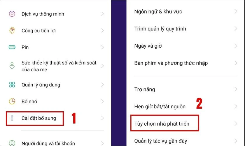 Trong giao diện mục Cài đặt bổ sung hãy bấm chọn vào mục Tùy chọn nhà phát triển