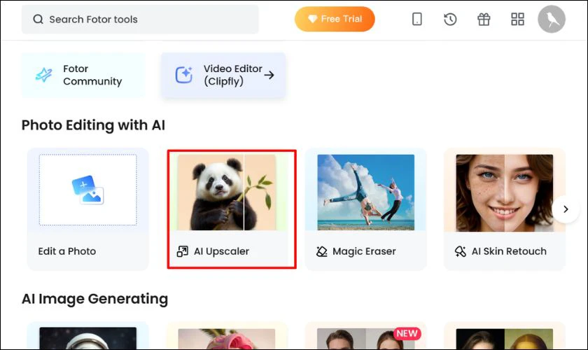 Tìm và nhấn vào mục Ai Upscaler trên trang chủ của Fotor