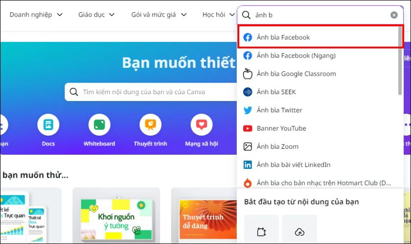 Tìm và chọn Ảnh bìa Facebook
