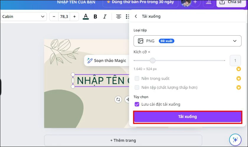 Chọn định dạng và kích thước mong muốn, sau đó nhấn Tải xuống để hoàn tất quá trình