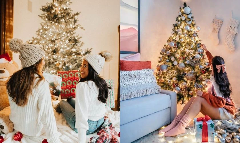Tạo dáng chụp ảnh Noel với cây thông hot trend