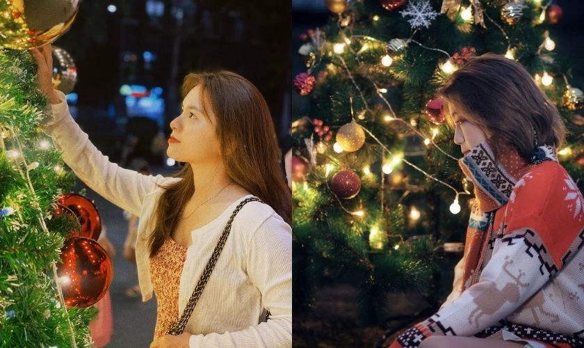 Tạo dáng chụp ảnh Noel với cây thông