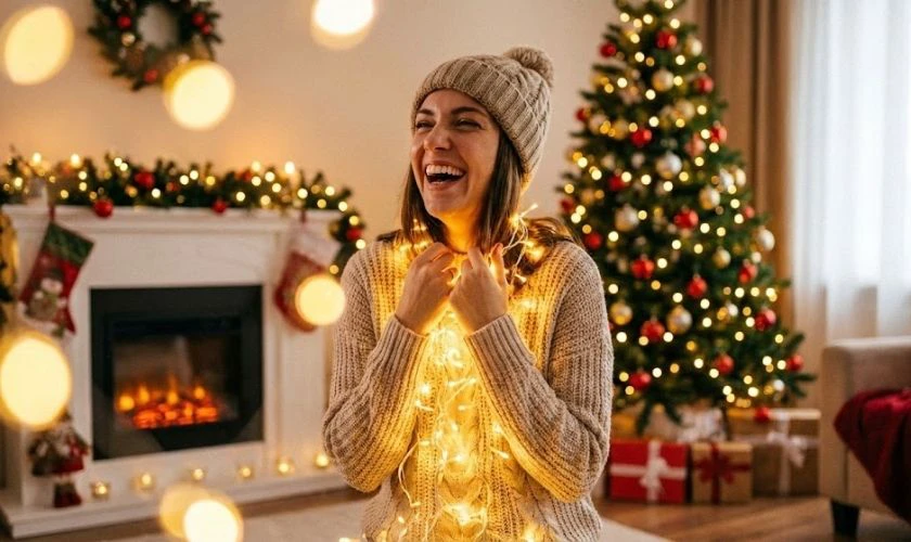 Tạo dáng chụp ảnh Noel ôm đèn Led