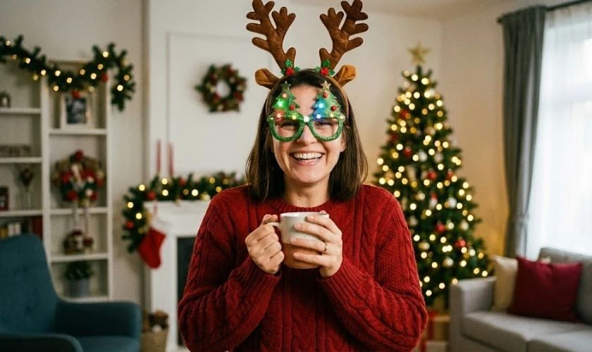 Tạo dáng chụp ảnh Noel với mắt kính dễ thương