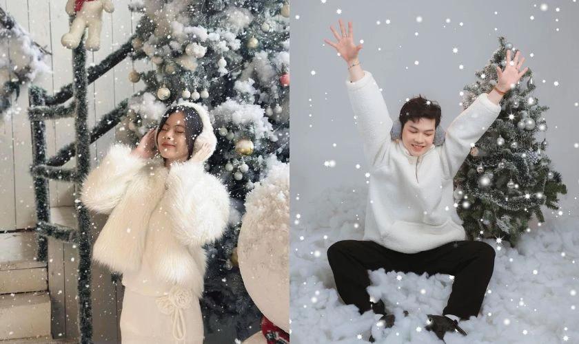 Tạo dáng chụp ảnh Noel với tuyết giả