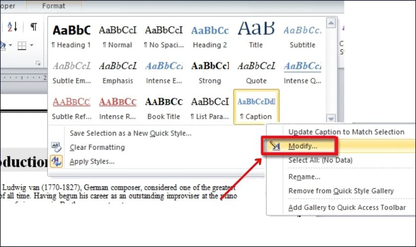 Mở rộng phần Style, chọn Caption và nhấn Modify