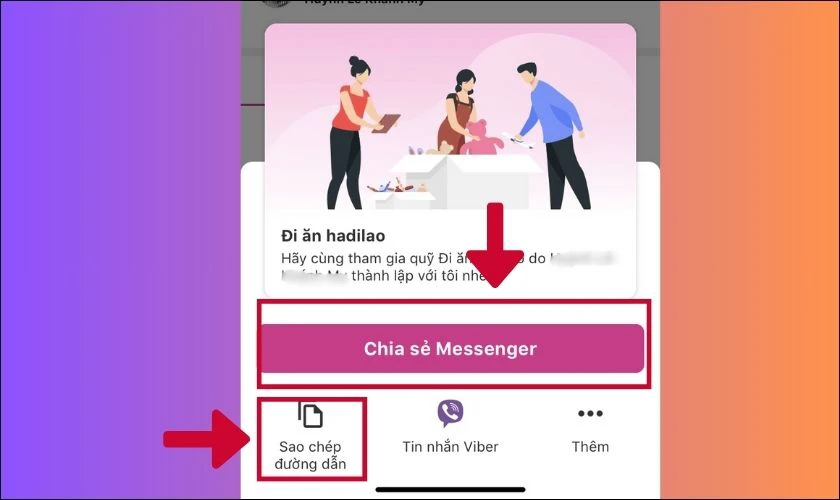 Chọn Chia sẻ Messenger để chia sẻ quỹ nhóm MoMo