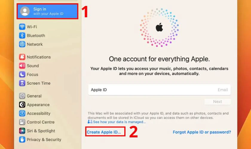Nhấn vào mục Sign in và chọn Create Apple ID