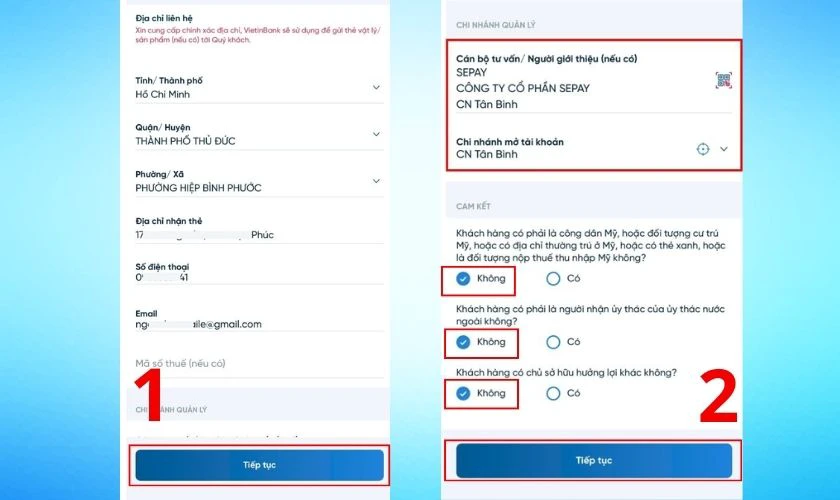 Cung cấp thông tin địa chỉ, số điện thoại,... để Vietinbank gửi thẻ vật lý