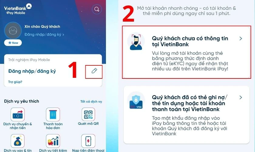 Tạo tài khoản VietinBank online - Nhấn nút Đăng ký trên ứng dụng