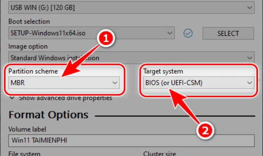 Tiếp theo, bạn chọn MBR tại Partition scheme =>BIOS (or UEFI-CMS)