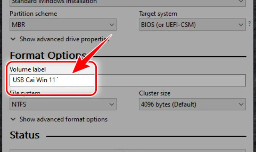 Đặt tên USB cài Windows 11 tại Volume Lable