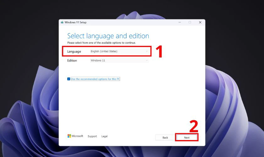 Chọn ngôn ngữ, phiên bản Windows 11, nhấn Next
