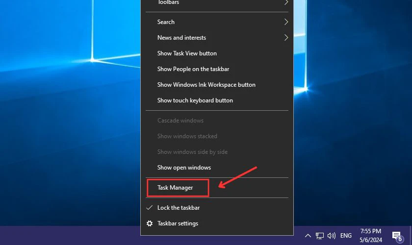 Cách mở Task Manager ngay trên thanh Taskbar