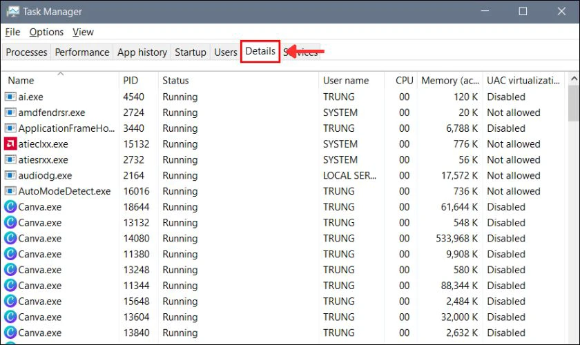 Mục Services trên Task Manager