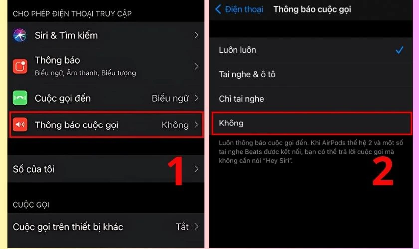 Hãy chọn Không (Không bao giờ) để tắt toàn bộ tính năng Siri đọc tên người gọi đến