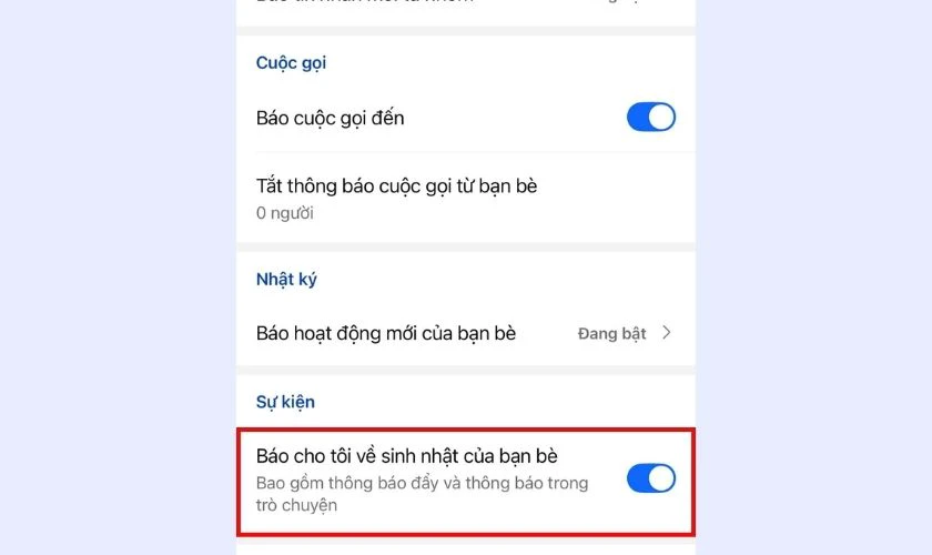 Gạt thanh trạng thái tại dòng Báo cho tôi về sinh nhật của bạn bè