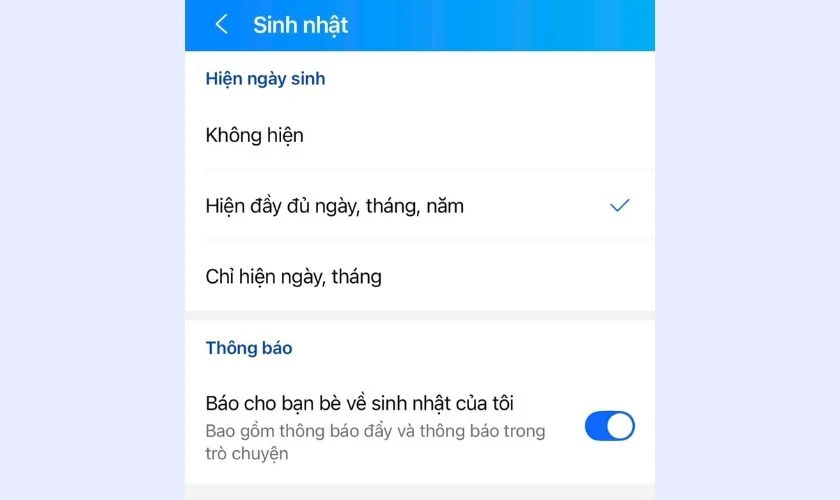 Cách mở lại thông báo sinh nhật trên Zalo