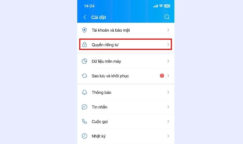 Chọn Quyền riêng tư