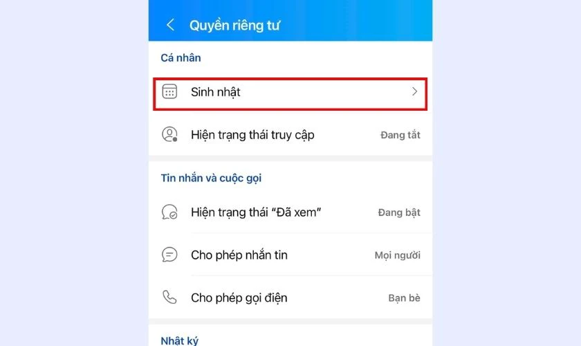 Chọn mục Sinh nhật