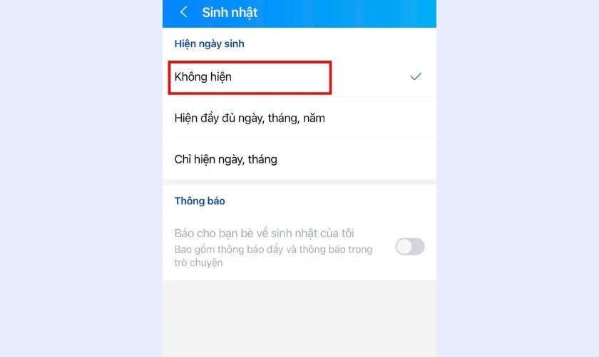 Chọn Không hiển thị với người khác để tắt thông báo sinh nhật Zalo