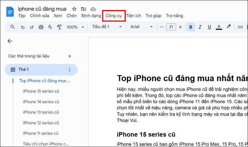 Nhấp vào menu “Công cụ” trên thanh công cụ