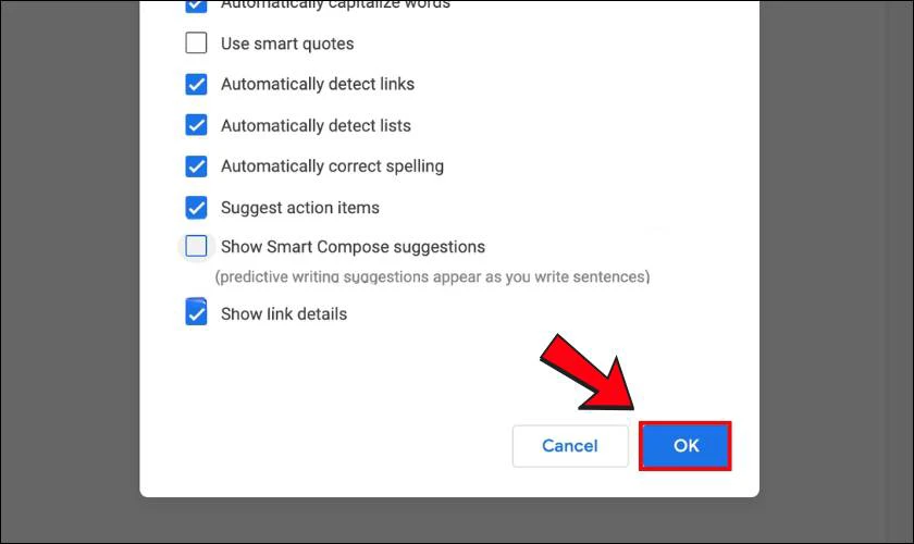 Nhấn "OK" để tắt tính năng gợi ý văn bản trong Google Docs