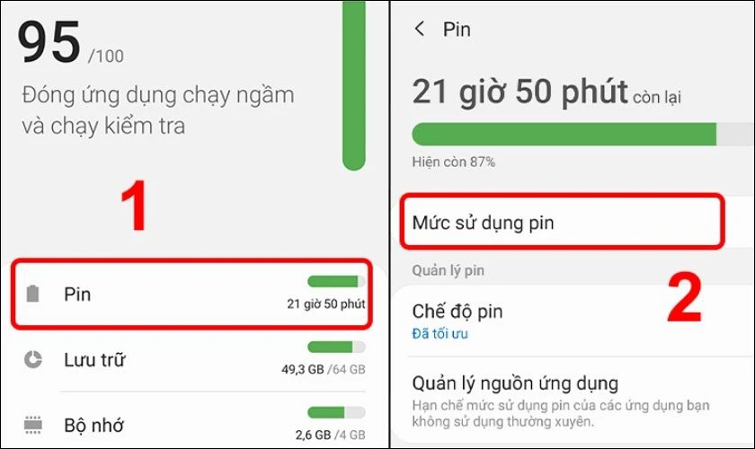 Nhấn vào Pin, tiếp tục chọn Mức sử dụng pin