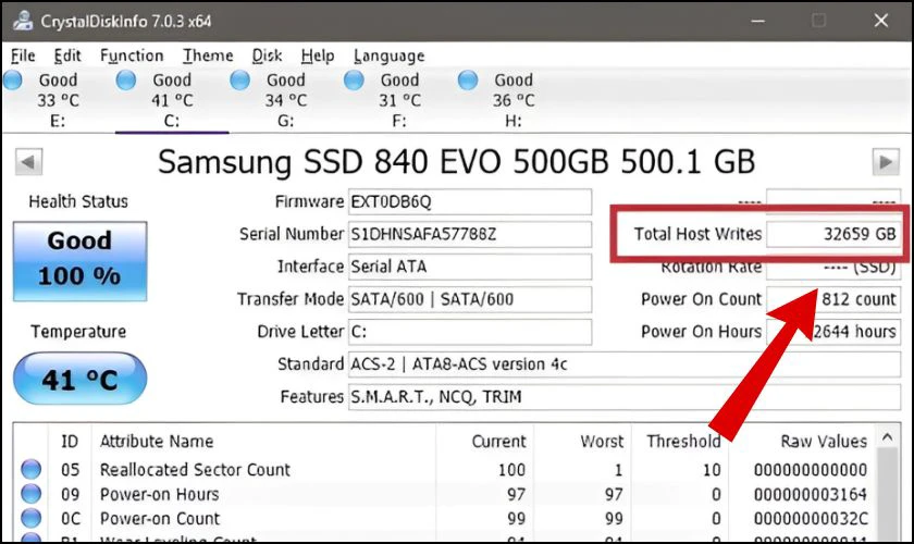 Cách kiểm tra chỉ số TBW của SSD bằng công cụ CrystalDiskInfo nhanh