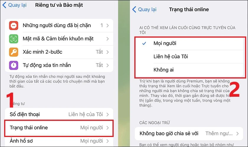 Tại mục Trạng thái online, bạn có thể chọn 1 trong 3 tùy chọn