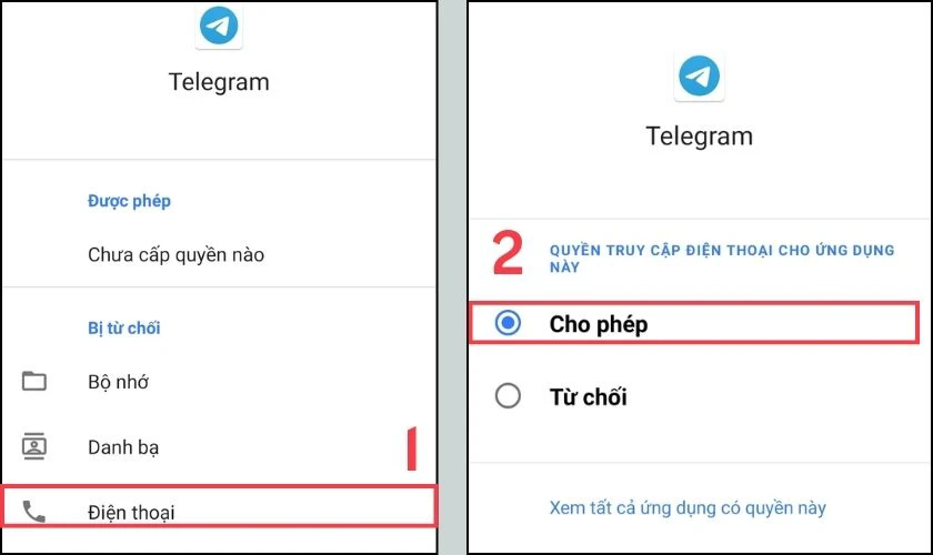 Kiểm tra cấp quyền cho Telegram khi không nhận được cuộc gọi