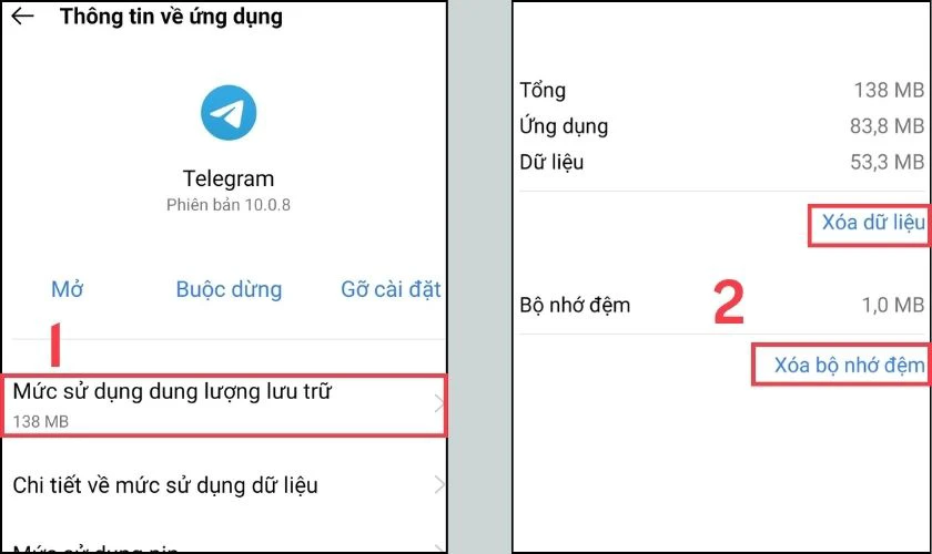 Xóa bớt dữ liệu ứng dụng khi không nhận được cuộc gọi trên Telegram