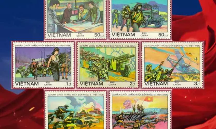 Hình ảnh tem cổ vẽ lại trận đánh lịch sử tại Điện Biên Phủ