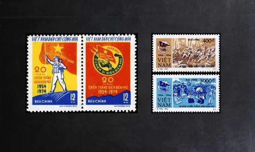 Tem có hình ảnh người lính giơ cao lá cờ chiến thắng