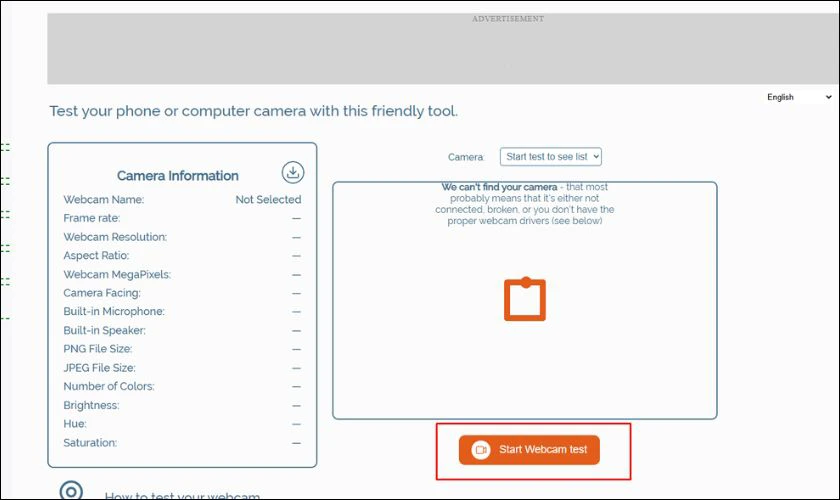 Nhấn click vào Start webcam test